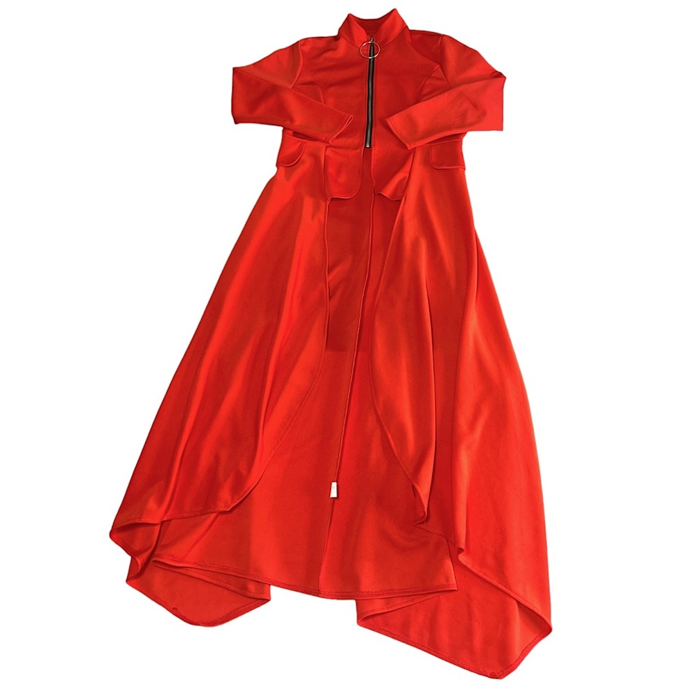 Haoohu Red Zip-Up Floor Length Long Sleeve Stretch Trendy Boho Cape Maxi Hi Low
